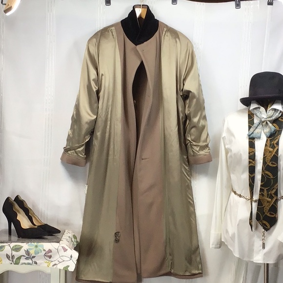 🖤 LARRY LEVINE Tan 💯% Wool Black Velvet Collar Single Breasted Dress Coat - Picture 12 of 14